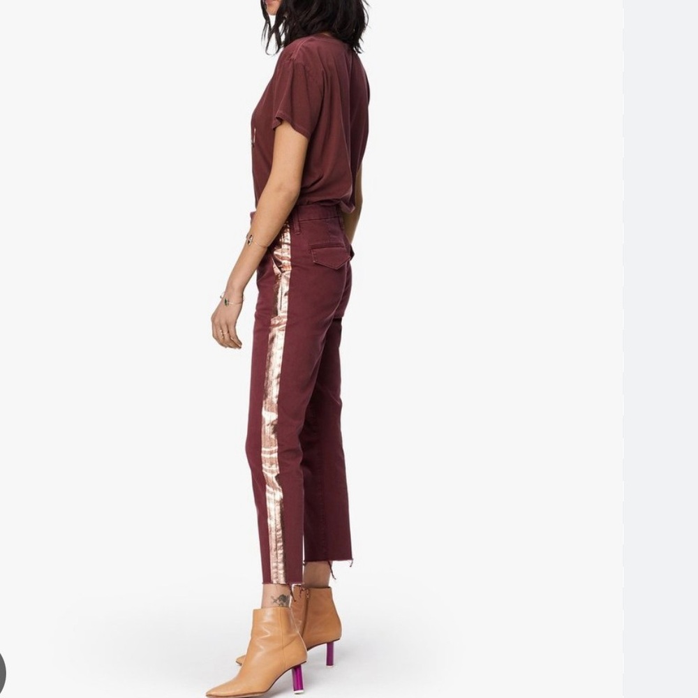MOTHER The Shaker Metallic-Stripe Cropped Frayed Merlot Sporty Luxe Style Pants - Picture 2 of 16